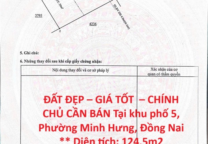 ĐẤT ĐẸP – GIÁ TỐT  – CHÍNH CHỦ CẦN BÁN Tại khu phố 5, Phường Minh Hưng, Đồng Nai