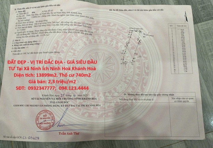 ĐẤT ĐẸP - VỊ TRÍ ĐẮC ĐỊA - GIÁ SIÊU ĐẦU TƯ Tại Xã Ninh Ích Ninh Hoà Khánh Hoà