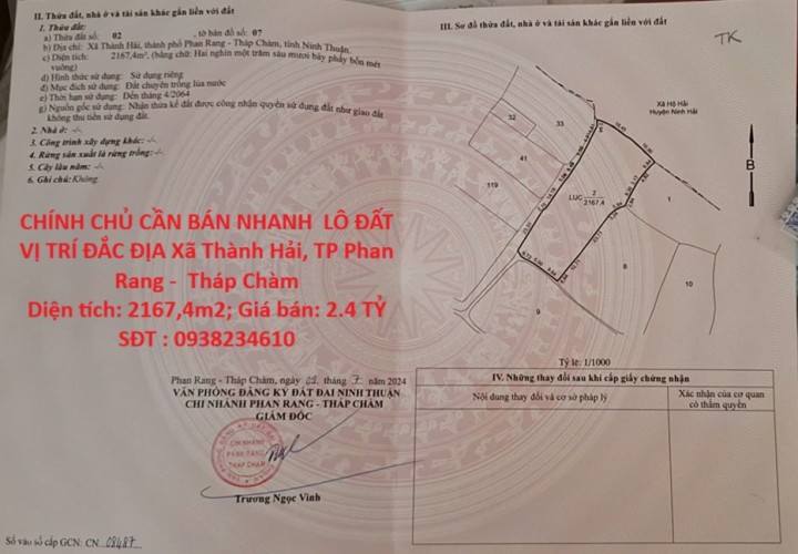 CHÍNH CHỦ CẦN BÁN NHANH  LÔ ĐẤT VỊ TRÍ ĐẮC ĐỊA  Xã Thành Hải, TP Phan Rang -  Tháp Chàm, Ninh Thuận