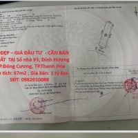 ĐẤT ĐẸP – GIÁ ĐẦU TƯ  - CẦN BÁN LÔ ĐẤT  TẠI Số nhà 93, Đinh Hương 2, P.Đông Cương, TP.Thanh Hóa