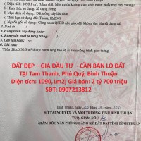 ĐẤT ĐẸP – GIÁ ĐẦU TƯ  - CẦN BÁN LÔ ĐẤT  TẠI Tam Thanh, Phú Quý, Bình Thuận