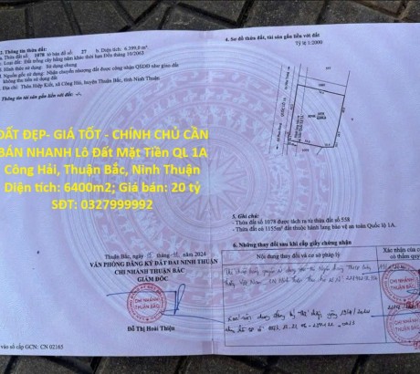 ĐẤT ĐẸP- GIÁ TỐT - CHÍNH CHỦ CẦN BÁN NHANH Lô Đất Mặt Tiền QL 1A Công Hải, Thuận Bắc, Ninh Thuận