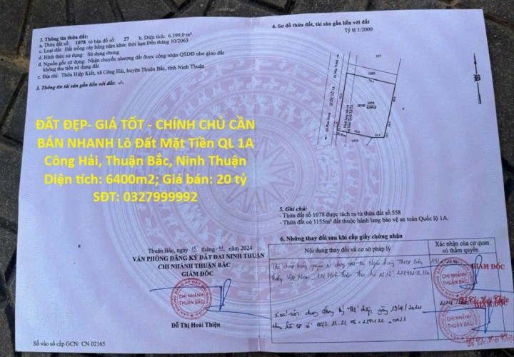 ĐẤT ĐẸP- GIÁ TỐT - CHÍNH CHỦ CẦN BÁN NHANH Lô Đất Mặt Tiền QL 1A Công Hải, Thuận Bắc, Ninh Thuận