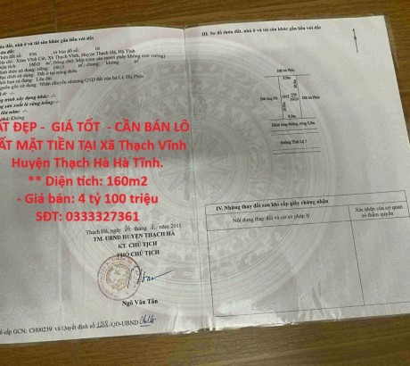 ĐẤT ĐẸP - GIÁ TỐT - CẦN BÁN LÔ ĐẤT MẶT TIỀN TẠI Xã Thạch Vĩnh Huyện Thạch Hà Hà Tĩnh.