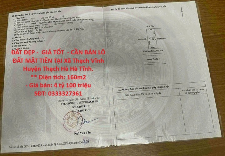 ĐẤT ĐẸP -  GIÁ TỐT  - CẦN BÁN LÔ ĐẤT MẶT TIỀN TẠI Xã Thạch Vĩnh Huyện Thạch Hà Hà Tĩnh.