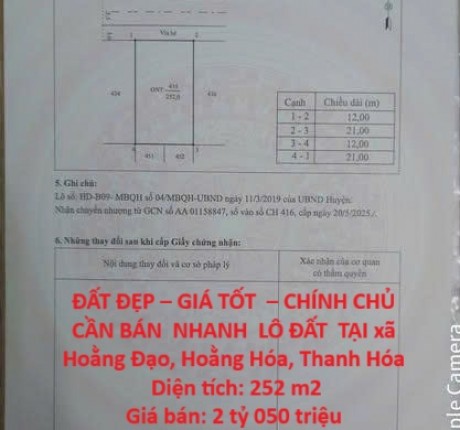 ĐẤT ĐẸP – GIÁ TỐT – CHÍNH CHỦ CẦN BÁN NHANH LÔ ĐẤT TẠI xã Hoằng Đạo, Hoằng Hóa, Thanh Hóa