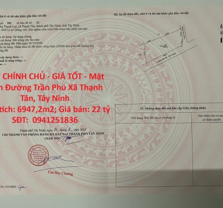 ĐẤT CHÍNH CHỦ - GIÁ TỐT - Mặt Tiền Đường Trần Phú Xã Thạnh Tân, Tây Ninh
