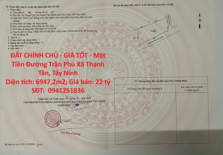 ĐẤT CHÍNH CHỦ - GIÁ TỐT - Mặt Tiền Đường Trần Phú Xã Thạnh Tân, Tây Ninh