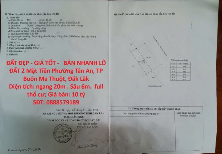ĐẤT ĐẸP - GIÁ TỐT -   BÁN NHANH LÔ ĐẤT 2 Mặt Tiền Phường Tân An, TP Buôn Ma Thuột, Đăk Lăk