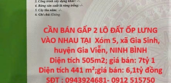 CẦN BÁN GẤP 2 LÔ ĐẤT ỐP LƯNG VÀO NHAU TẠI Xóm 5, xã Gia Sinh, huyện Gia Viễn, NINH BÌNH