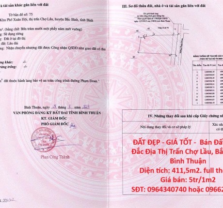 ĐẤT ĐẸP - GIÁ TỐT - Bán Đất Vị Trí Đắc Địa Thị Trấn Chợ Lầu, Bắc Bình, Bình Thuận