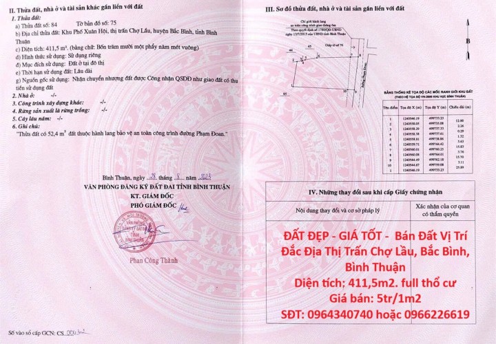 ĐẤT ĐẸP - GIÁ TỐT -  Bán Đất Vị Trí Đắc Địa Thị Trấn Chợ Lầu, Bắc Bình, Bình Thuận