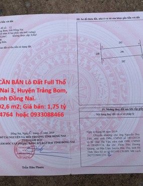 CHÍNH CHỦ CẦN BÁN Lô Đất Full Thổ Cư Tại Xã Hố Nai 3, Huyện Trảng Bom, Tỉnh Đồng Nai.