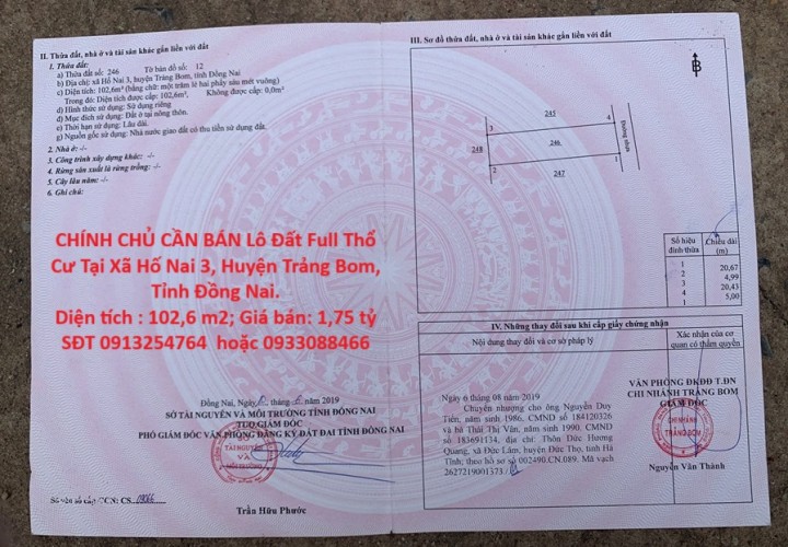 CHÍNH CHỦ CẦN BÁN Lô Đất Full Thổ Cư Tại Xã Hố Nai 3, Huyện Trảng Bom, Tỉnh Đồng Nai.