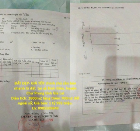 ĐẤT ĐẸP- GIÁ TỐT chính chủ cần bán nhanh lô đất tại huyện Chư Prong tỉnh Gia Lai