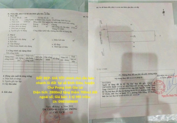 ĐẤT ĐẸP- GIÁ TỐT chính chủ cần bán nhanh lô đất  tại huyện Chư Prong tỉnh Gia Lai