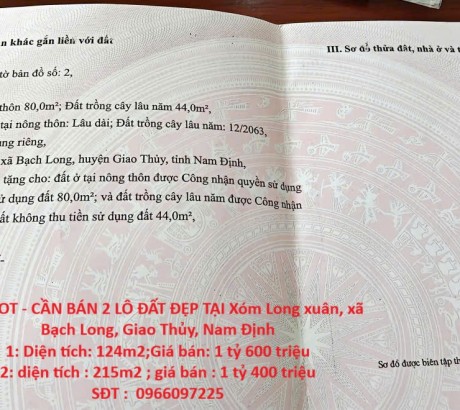 HOT HOT - CẦN BÁN 2 LÔ ĐẤT ĐẸP TẠI Xóm Long xuân, xã Bạch Long, Giao Thủy, Nam Định