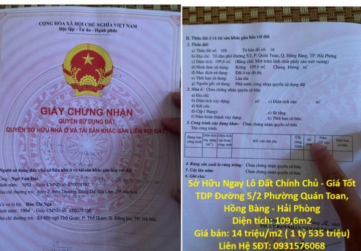 Sở Hữu Ngay Lô Đất Chính Chủ - Giá Tốt TDP Đường 5/2 Phường Quán Toan, Hồng Bàng - Hải Phòng