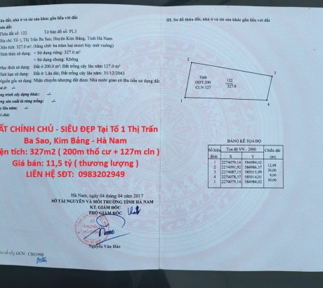 ĐẤT CHÍNH CHỦ - SIÊU ĐẸP Tại Tổ 1 Thị Trấn Ba Sao, Kim Bảng - Hà Nam