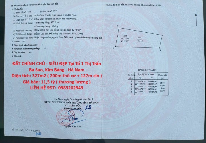 ĐẤT CHÍNH CHỦ - SIÊU ĐẸP Tại Tổ 1 Thị Trấn Ba Sao, Kim Bảng - Hà Nam