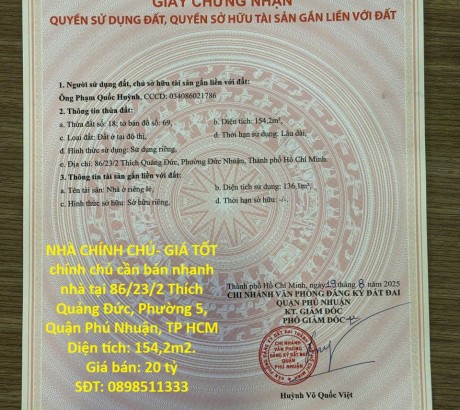 NHÀ CHÍNH CHỦ- GIÁ TỐT chính chủ cần bán nhanh nhà tại phường 5, Quận Phú Nhuận, TP HCM