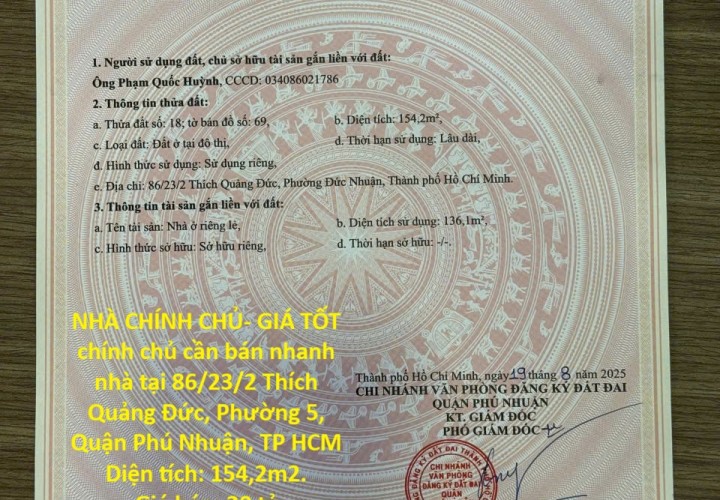 NHÀ CHÍNH CHỦ- GIÁ TỐT chính chủ cần bán nhanh nhà tại phường 5, Quận Phú Nhuận, TP HCM