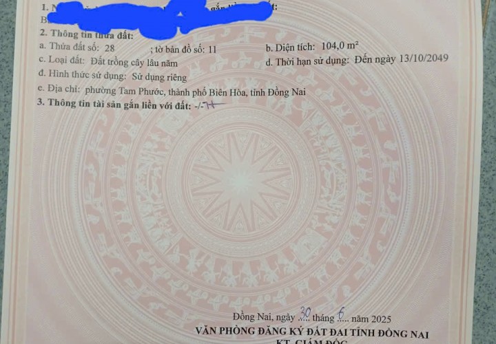 ĐẤT SIÊU ĐẸP – GIÁ TỐT- CHÍNH CHỦ BÁN LÔ ĐẤT TẠI Phường Tam Phước, Biên Hoà, Đồng Nai