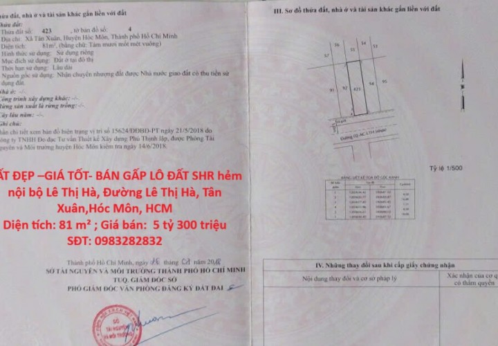 ĐẤT ĐẸP –GIÁ TỐT- BÁN GẤP LÔ ĐẤT SHR hẻm nội bộ Lê Thị Hà, Đường Lê Thị Hà, Tân Xuân,Hóc Môn, HCM