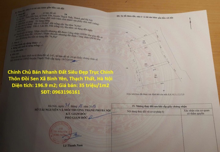 Chính Chủ Bán Nhanh Đất Siêu Đẹp Trục Chính Thôn Đồi Sen Xã Bình Yên, Thạch Thất, Hà Nội