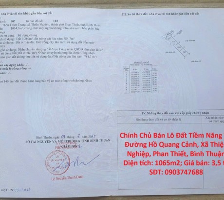 Chính Chủ Bán Lô Đất Tiềm Năng Tại Đường Hồ Quang Cảnh, Xã Thiện Nghiệp, Phan Thiết, Bình Thuận