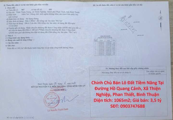 Chính Chủ Bán Lô Đất Tiềm Năng Tại Đường Hồ Quang Cảnh, Xã Thiện Nghiệp, Phan Thiết, Bình Thuận