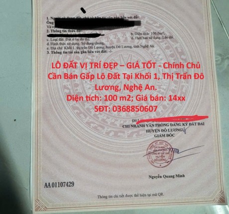 LÔ ĐẤT VỊ TRÍ ĐẸP – GIÁ TỐT - Chính Chủ Cần Bán Gấp Lô Đất Tại Khối 1, Thị Trấn Đô Lương, Nghệ An.
