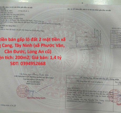 Cần tiền bán gấp lô đất 2 mặt tiền xã Phước Vân, Cần Đước, Long An, DT 200m2, giá đầu tư