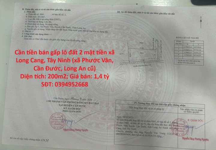 Cần tiền bán gấp lô đất 2 mặt tiền xã Phước Vân, Cần Đước, Long An, DT 200m2, giá đầu tư