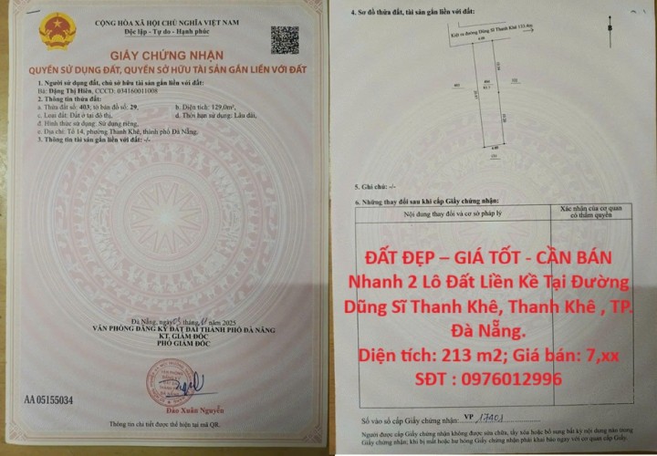 ĐẤT ĐẸP – GIÁ TỐT - CẦN BÁN Nhanh 2 Lô Đất Liền Kề Tại Đường Dũng Sĩ Thanh Khê, Thanh Khê , TP. Đà Nẵng.