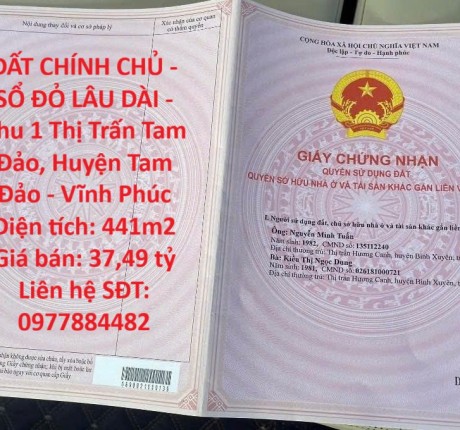 ĐẤT CHÍNH CHỦ - SỔ ĐỎ LÂU DÀI - Khu 1 Thị Trấn Tam Đảo, Huyện Tam Đảo - Vĩnh Phúc