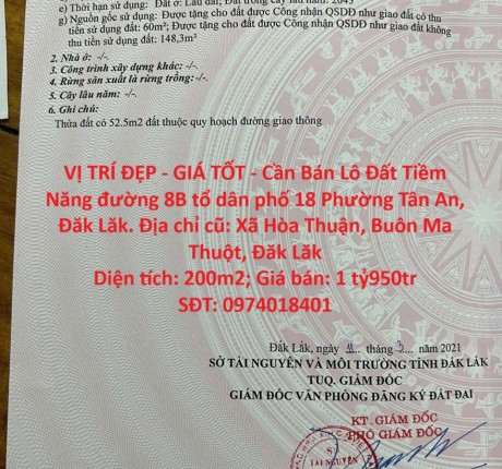 VỊ TRÍ ĐẸP - GIÁ TỐT - Cần Bán Lô Đất Tiềm Năng đường 8B tổ dân phố 18 Phường Tân An, Đăk Lăk