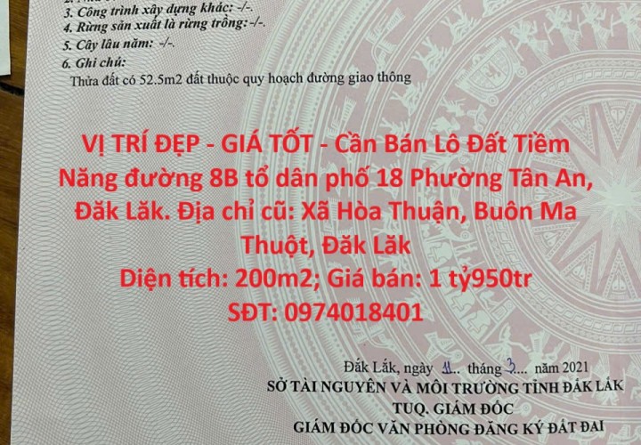 VỊ TRÍ ĐẸP - GIÁ TỐT - Cần Bán Lô Đất Tiềm Năng đường 8B tổ dân phố 18 Phường Tân An, Đăk Lăk