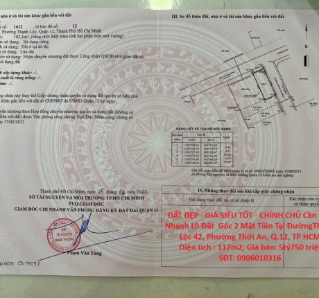 ĐẤT ĐẸP - GIÁ SIÊU TỐT - CHÍNH CHỦ Cần Bán Nhanh Lô Đất Góc 2 Mặt Tiền Tại Quận 12, TP HCM