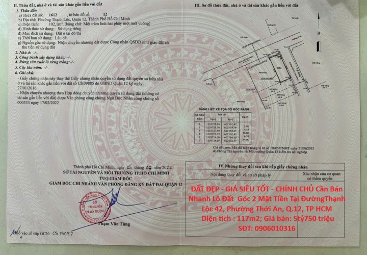 ĐẤT ĐẸP - GIÁ SIÊU TỐT - CHÍNH CHỦ Cần Bán Nhanh Lô Đất  Góc 2 Mặt Tiền Tại Quận 12, TP HCM