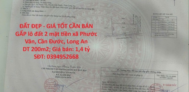 ĐẤT ĐẸP - GIÁ TỐT CẦN BÁN GẤP lô đất 2 mặt tiền xã Phước Vân, Cần Đước, Long An