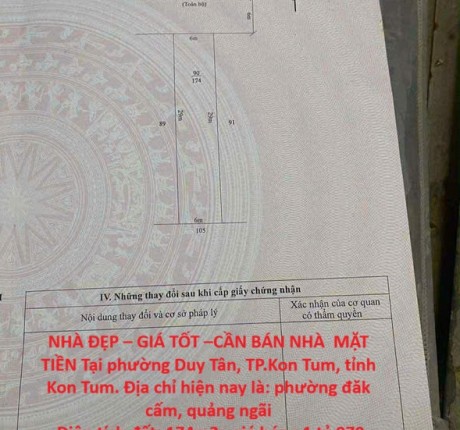 NHÀ ĐẸP – GIÁ TỐT –CẦN BÁN NHÀ MẶT TIỀN Tại phường Duy Tân, TP.Kon Tum, tỉnh Kon Tum