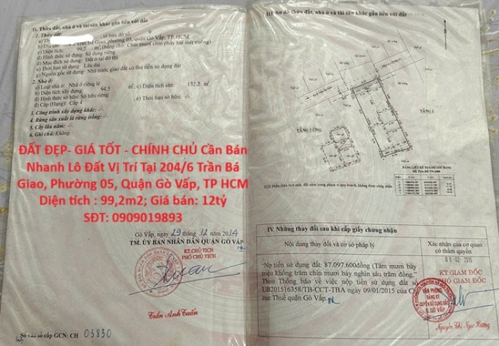 ĐẤT ĐẸP- GIÁ TỐT - CHÍNH CHỦ Cần Bán Nhanh Lô Đất Vị Trí Tại Quận Gò Vấp, TP HCM