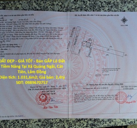 ĐẤT ĐẸP - GIÁ TỐT - Bán GẤP Lô Đất Tiềm Năng Tại Xã Quảng Ngãi, Cát Tiên, Lâm Đồng