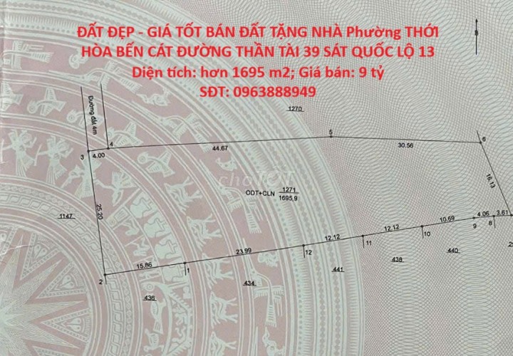 ĐẤT ĐẸP - GIÁ TỐT BÁN ĐẤT TẶNG NHÀ Phường THỚI HÒA BẾN CÁT ĐƯỜNG THẦN TÀI 39 SÁT QUỐC LỘ 13
