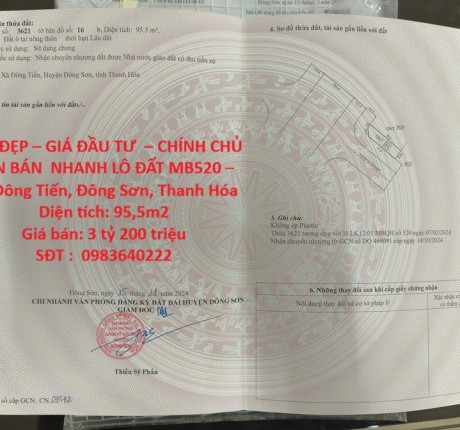 ĐẤT ĐẸP – GIÁ ĐẦU TƯ – CHÍNH CHỦ CẦN BÁN NHANH LÔ ĐẤT MB520 – Xã Đông Tiến, Đông Sơn, Thanh Hóa