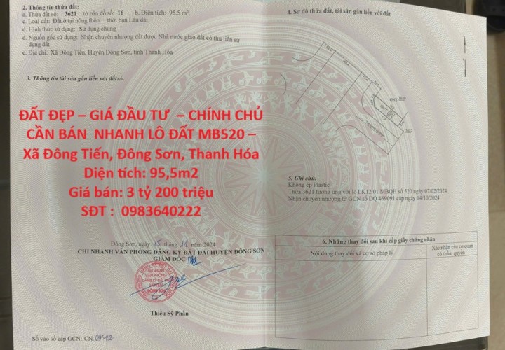 ĐẤT ĐẸP – GIÁ ĐẦU TƯ  – CHÍNH CHỦ CẦN BÁN  NHANH LÔ ĐẤT MB520 – Xã Đông Tiến, Đông Sơn, Thanh Hóa