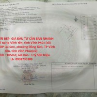 ĐẤT VỊ TRÍ ĐẸP- GIÁ ĐẦU TƯ CẦN BÁN NHANH LÔ ĐẤT tại tp Vĩnh Yên, tỉnh Vĩnh Phúc (cũ)
