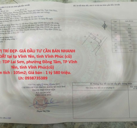 ĐẤT VỊ TRÍ ĐẸP- GIÁ ĐẦU TƯ CẦN BÁN NHANH LÔ ĐẤT tại tp Vĩnh Yên, tỉnh Vĩnh Phúc (cũ)