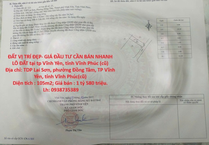 ĐẤT VỊ TRÍ ĐẸP- GIÁ ĐẦU TƯ CẦN BÁN NHANH LÔ ĐẤT tại tp Vĩnh Yên, tỉnh Vĩnh Phúc (cũ)